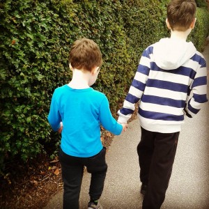 This is us walking Taylor to his childminder before taking Kieran to school to set off for the trip. Taylor didn't want to walk with me, only Kieran and wouldn't let go of him. He's missed him!
